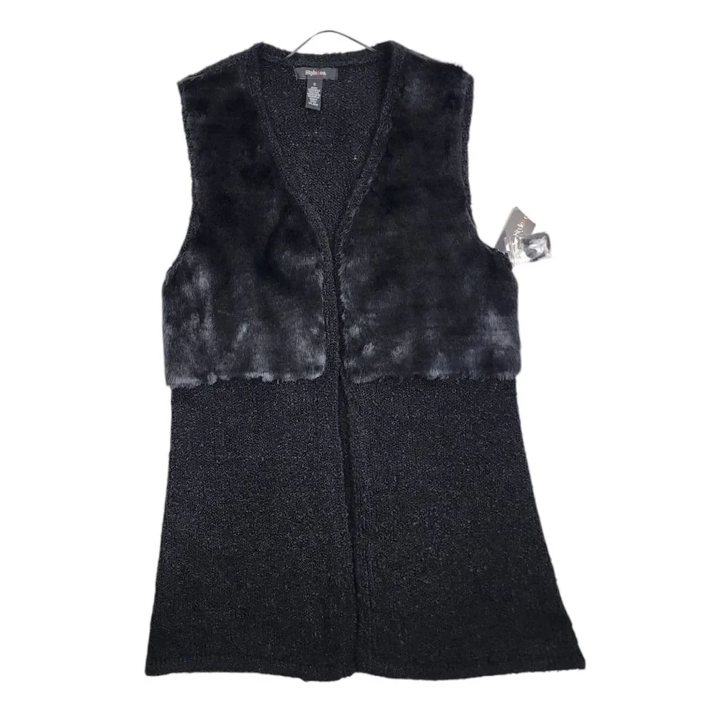 Style & Co Black Faux Fur Vest Sweater Open Front Cardigan Sleeveless Jacket S - Picture 3 of 16